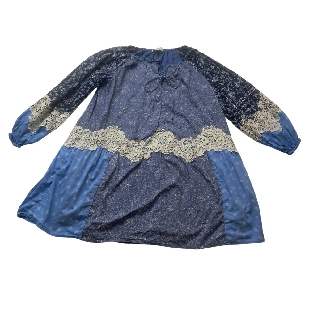 LOFT Dress Women's Small Mini Blue Lace Paisley Tie Pocket Boho Long Sleeve 2025